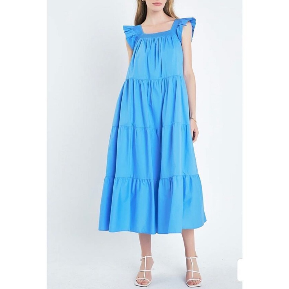 NEW English Factory Ruffle Detail Midi Dress in Blue Women's Size M